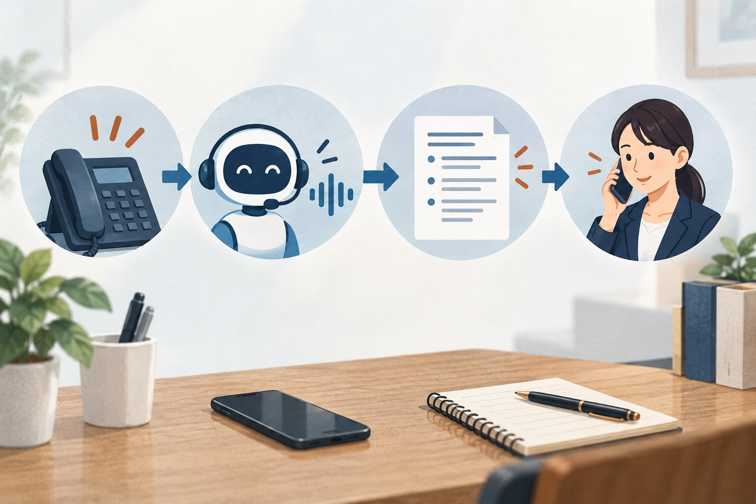 電話、AI受付の一次応答、要約、担当者の折り返しを左から右へ示すイラスト