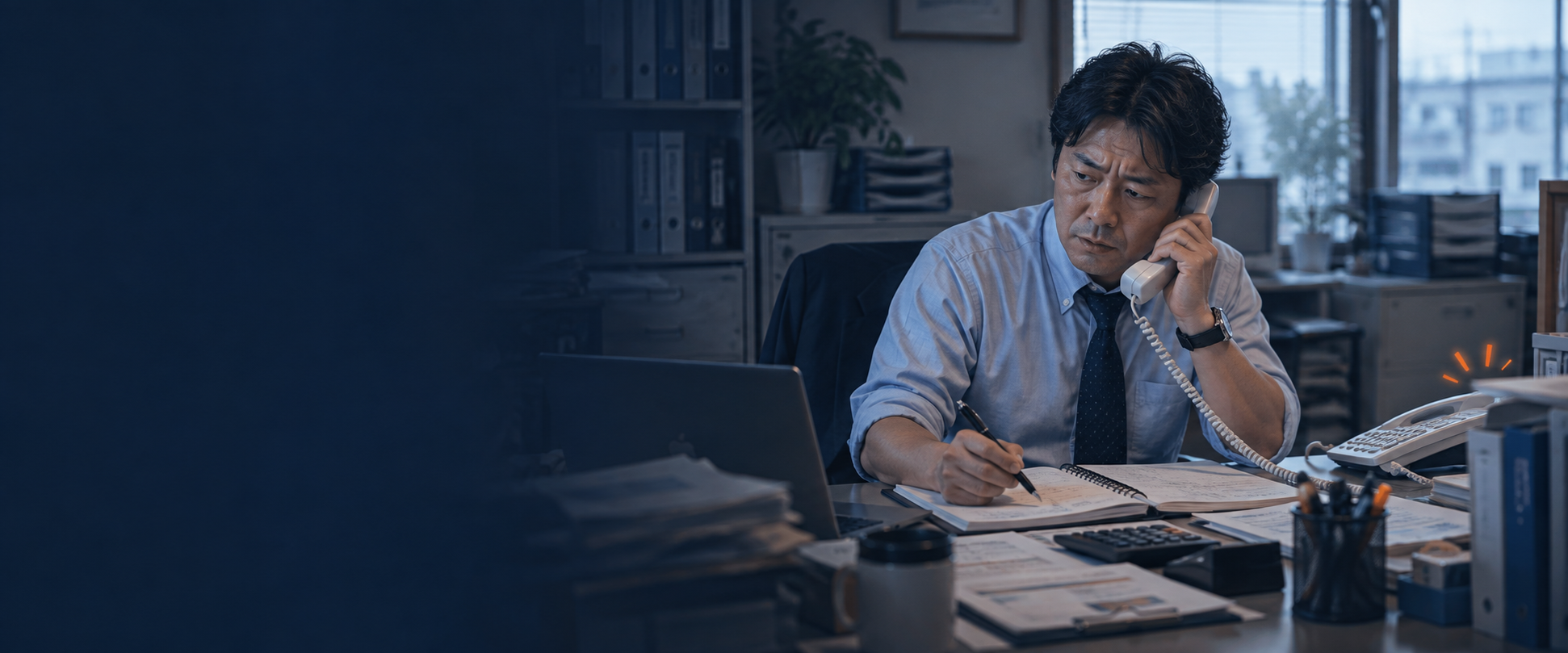 普通の事務所で担当者が複数の電話に追われて書類作業を中断している様子