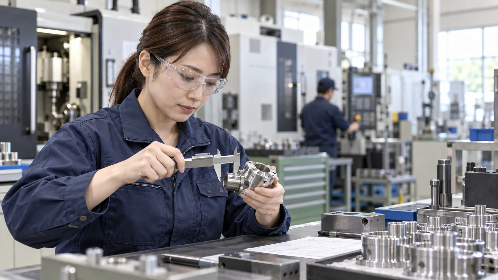 製品の寸法を確認する製造現場